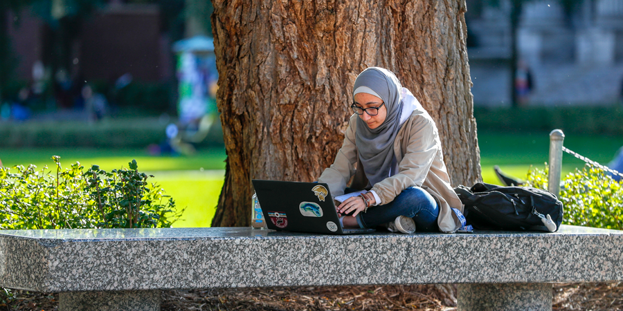 A student works on her laptop while sitting on a bench outside