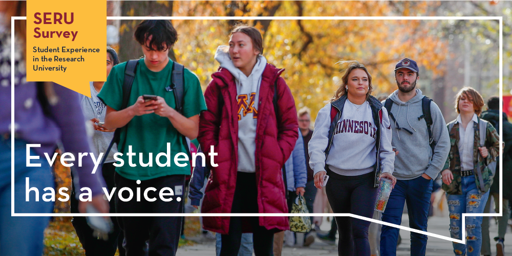 TEXT: SERU Survey, Every student has a voice. IMAGE: Photo of students walking outside, fall leaves in background.